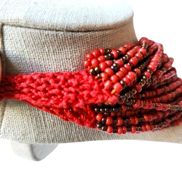 Multistrand Red & Bronze Glass Beaded Necklace With Woven Closure & Metal Button - Picture 4 of 4